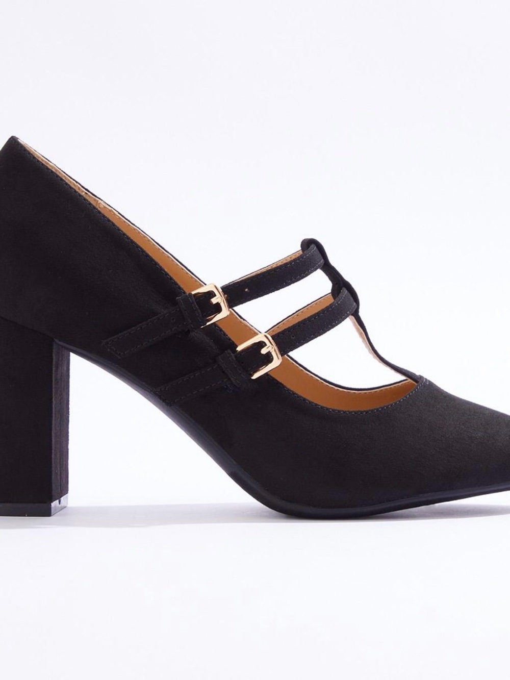 Women's Black Double-Strap Block Heel Pumps